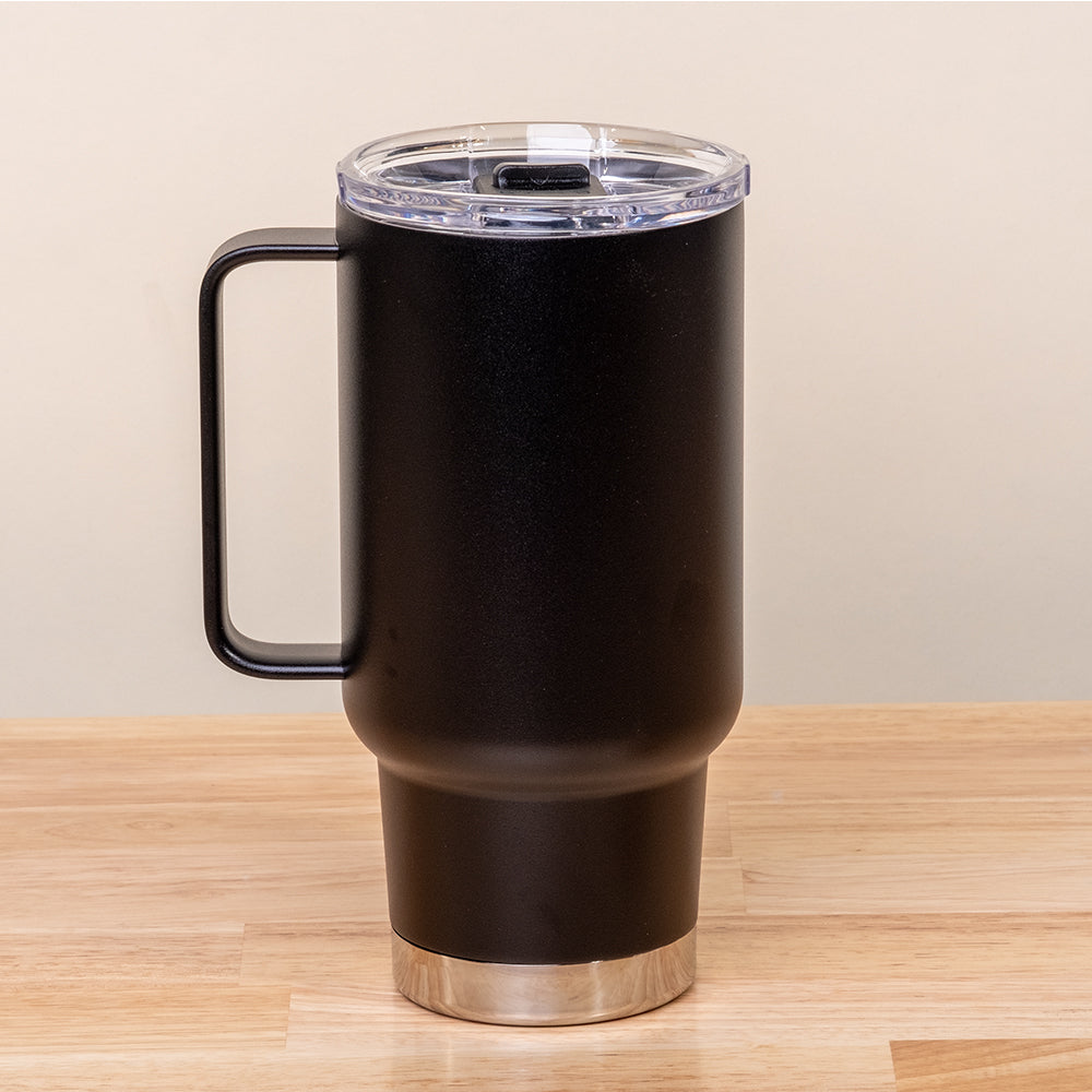 LAMOSE Baffin Pro Max 36 oz black stainless steel travel mug with a large handle and clear spill-proof lid, front view.