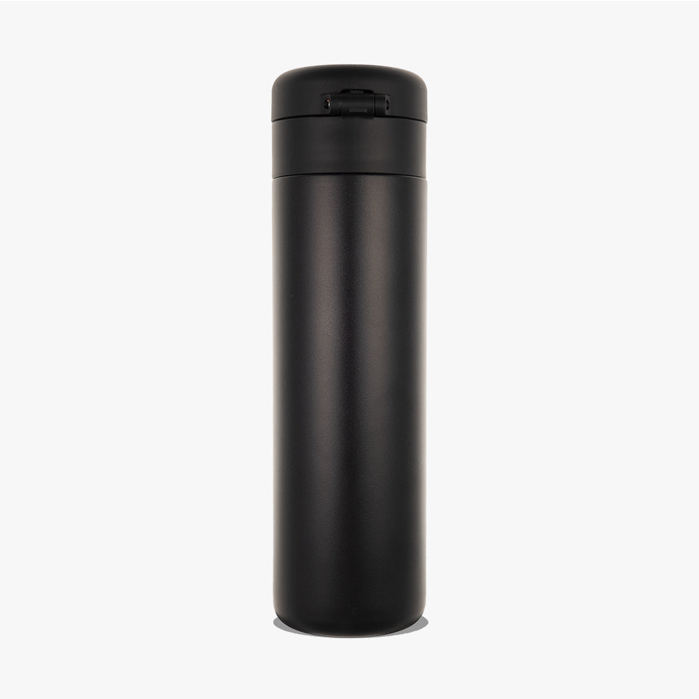LAMOSE Onyx black matte stainless steel insulated travel tumbler with a secure flip-top lid, front view.