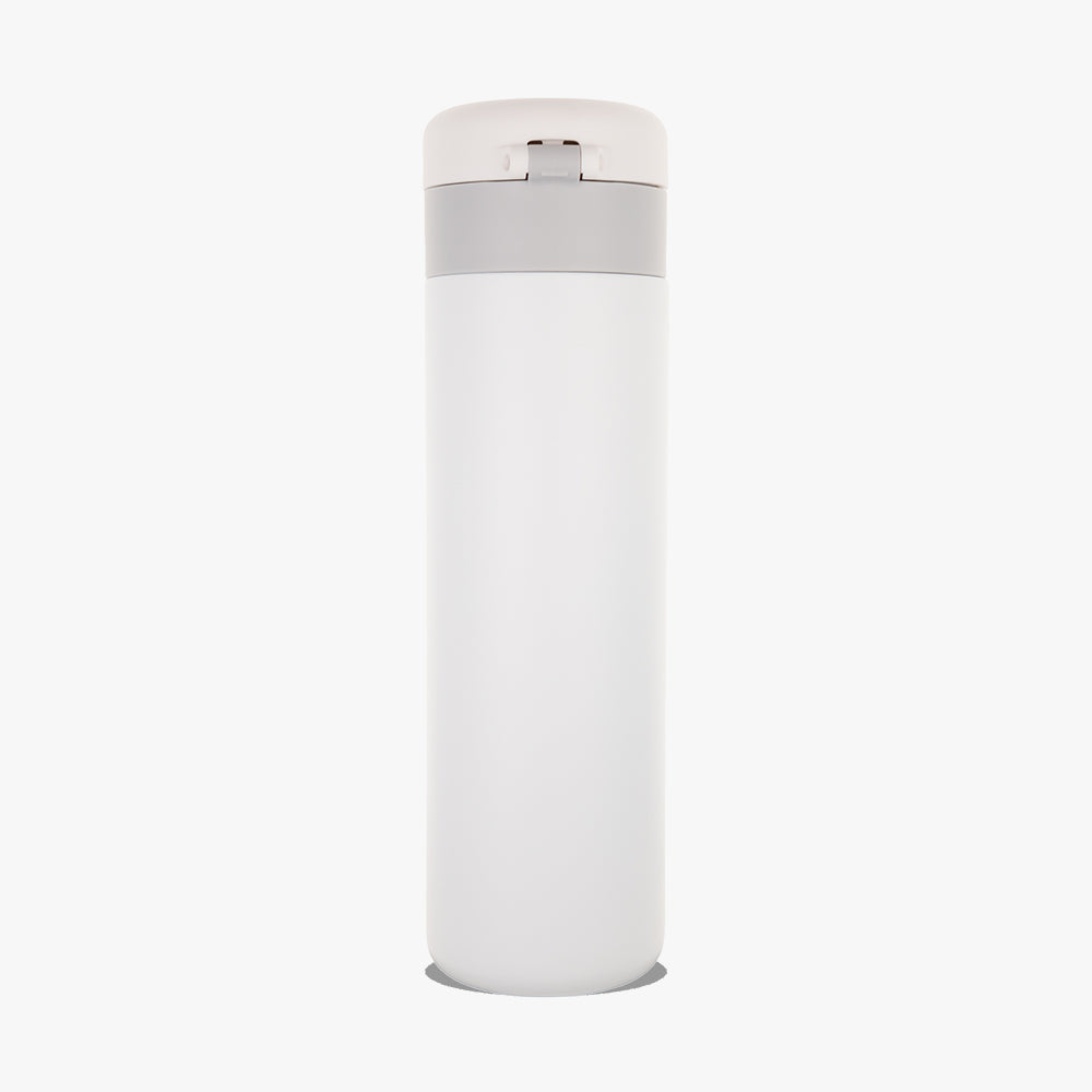 LAMOSE Snow white matte insulated water bottle, front view, with a light grey band and translucent white flip-top lid.