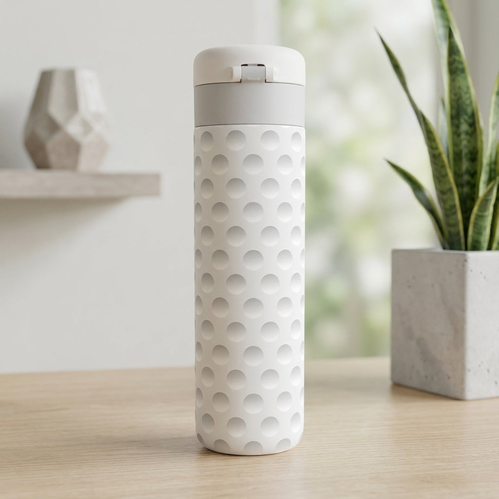Close up of off-white Emerald 16 oz tumbler featuring a textured golf ball dimple pattern standing on a light wood surface.