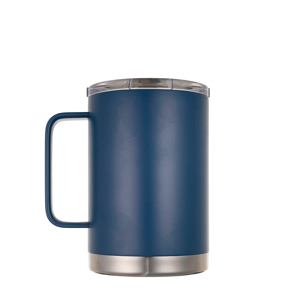 LAMOSE Hudson Pro Max insulated mug, classic blue stainless steel, with handle and clear lid, left side view.