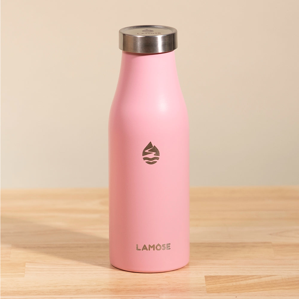 LAMOSE pink Robson 14oz insulated bottle with stainless steel lid, powder coat finish & logo, front view.