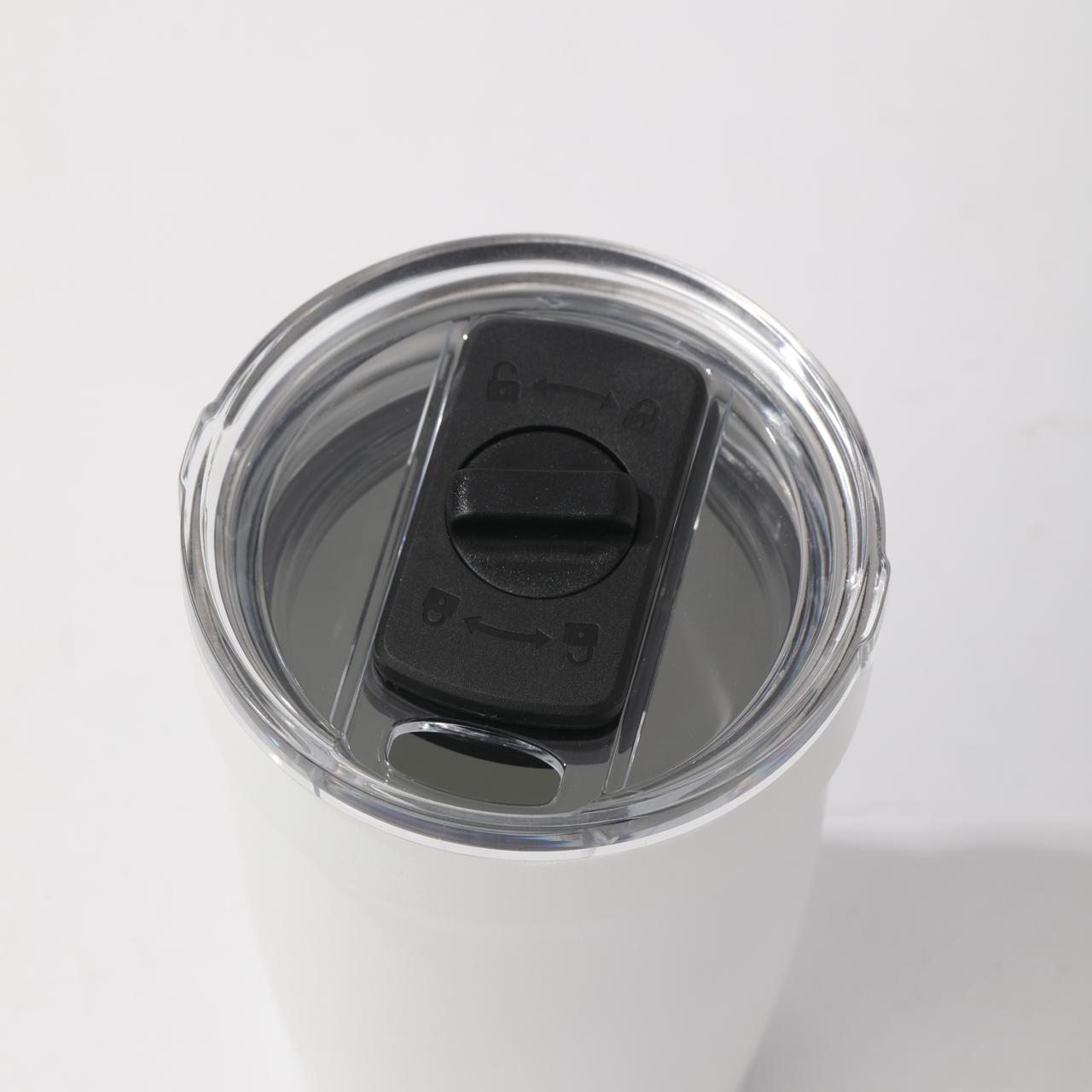 LAMOSE Peyto Pro Enamel 12oz snow white stainless steel tumbler, top view showing clear splash-proof lid with black slider and lock symbols.
#color_snow