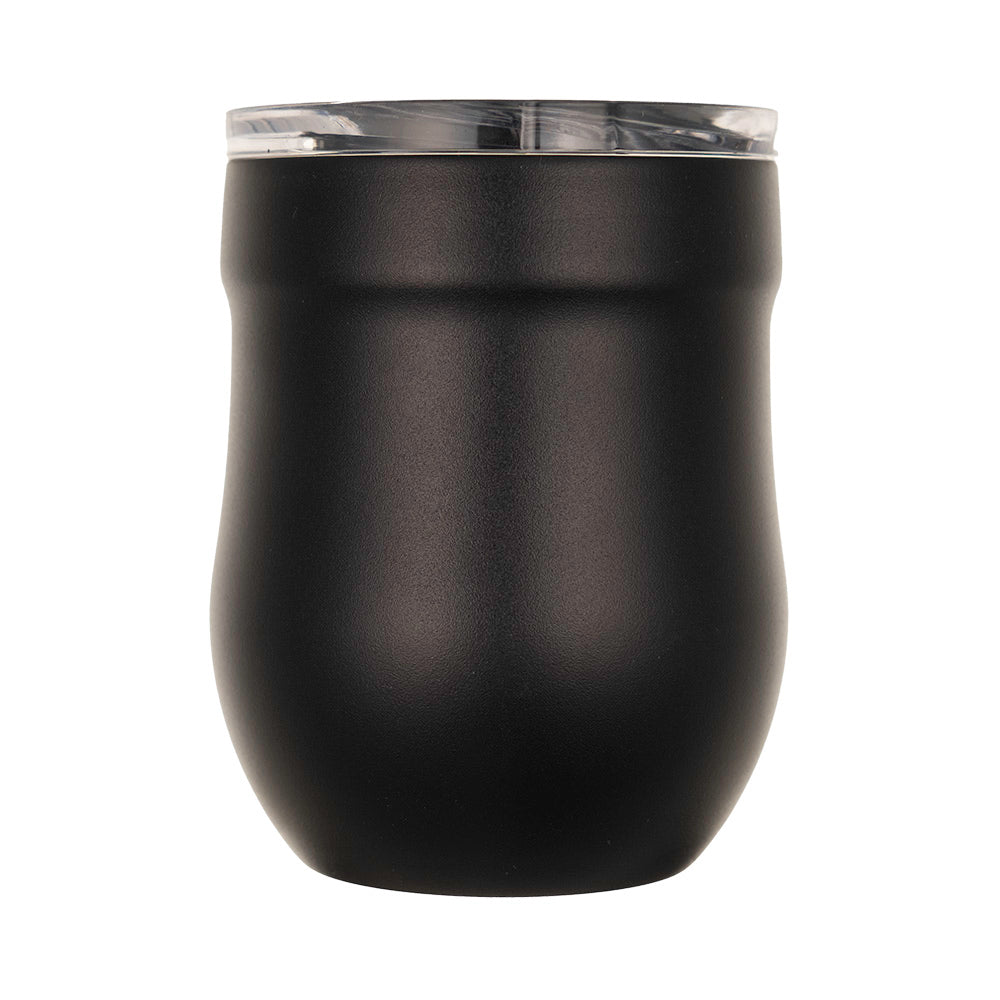 LAMOSE Onyx black Whistler wine tumbler with clear leakproof lid, premium stainless steel, front view.