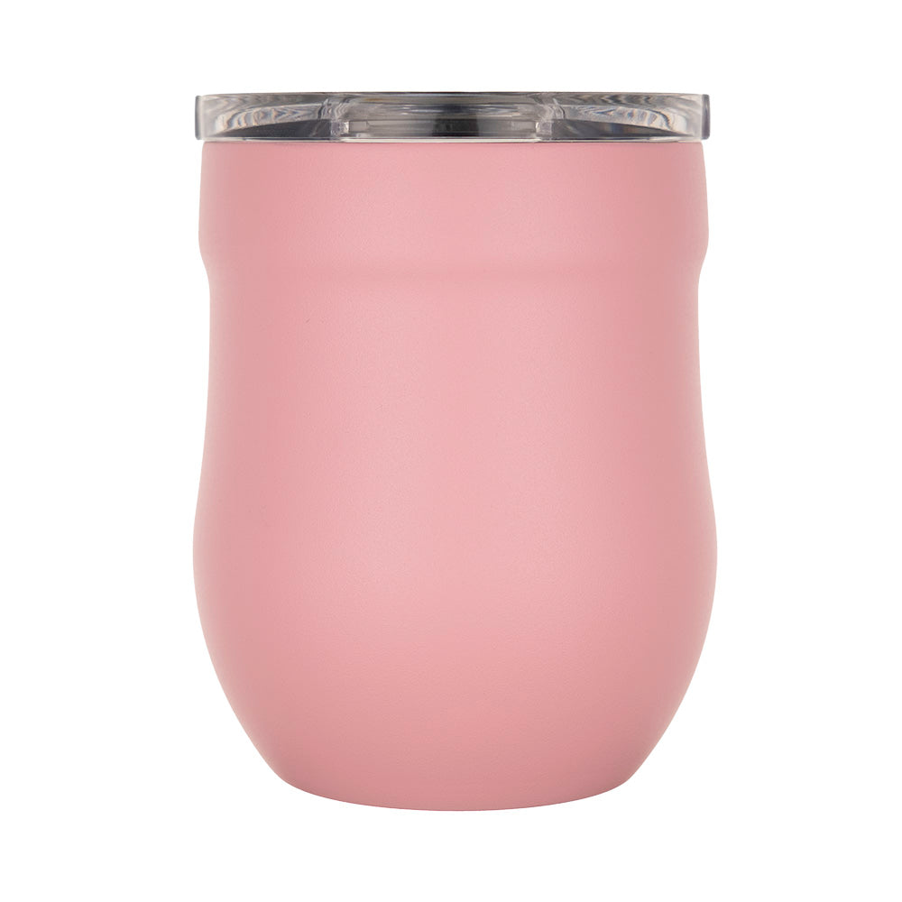 LAMOSE pink 16oz stainless steel insulated stemless wine tumbler, front view, with clear sliding lid.