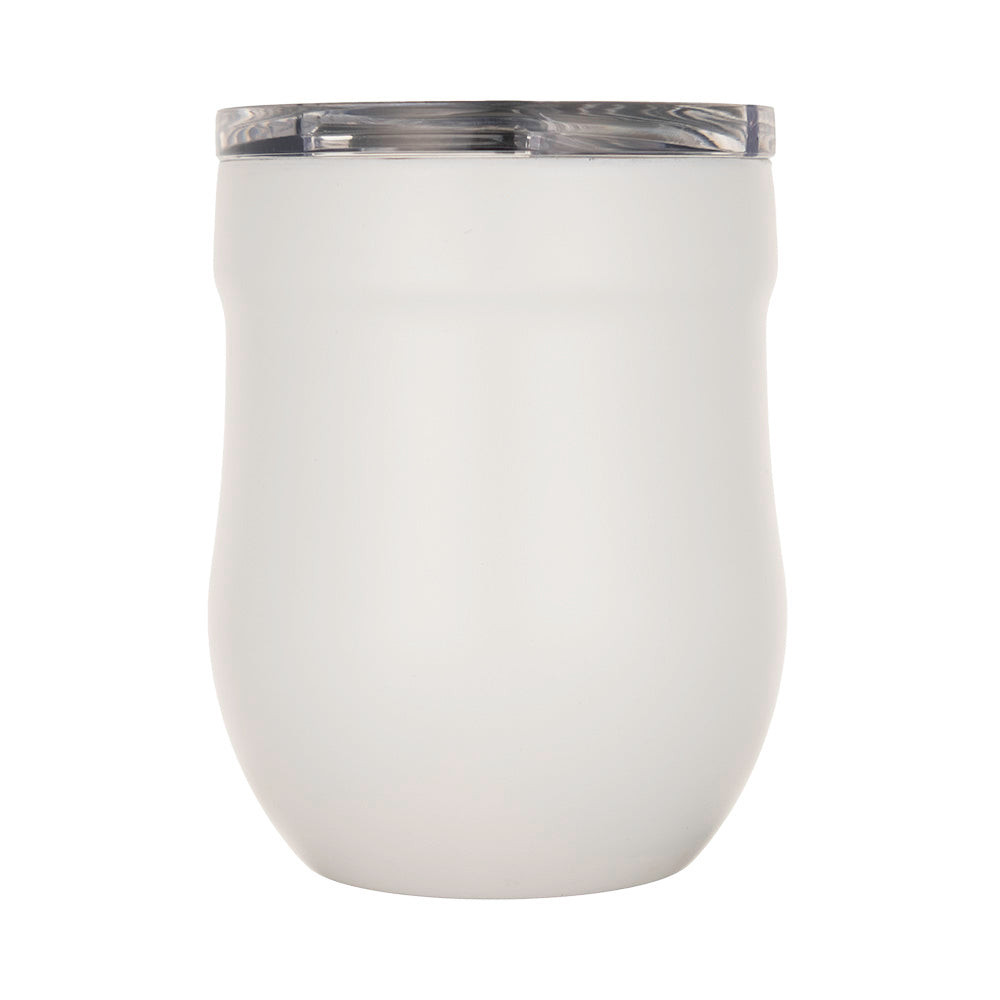 LAMOSE Whistler 16 oz Snow insulated wine tumbler. Front view of matte white stainless steel cup with clear sliding lid.