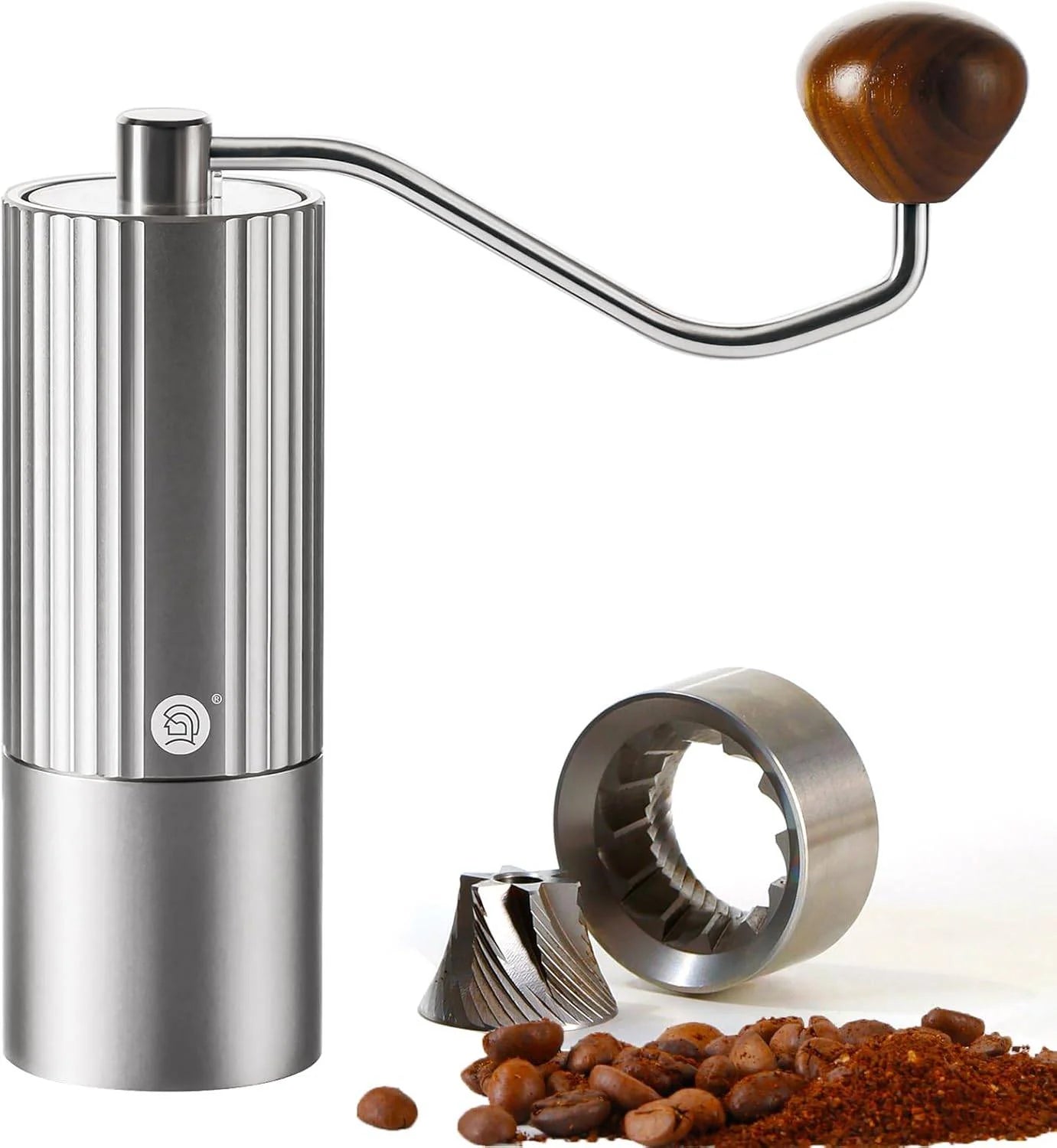 LAMOSE Z3 Pro manual coffee grinder in stainless steel, featuring a wooden handle, precision burrs, whole beans, and ground coffee.