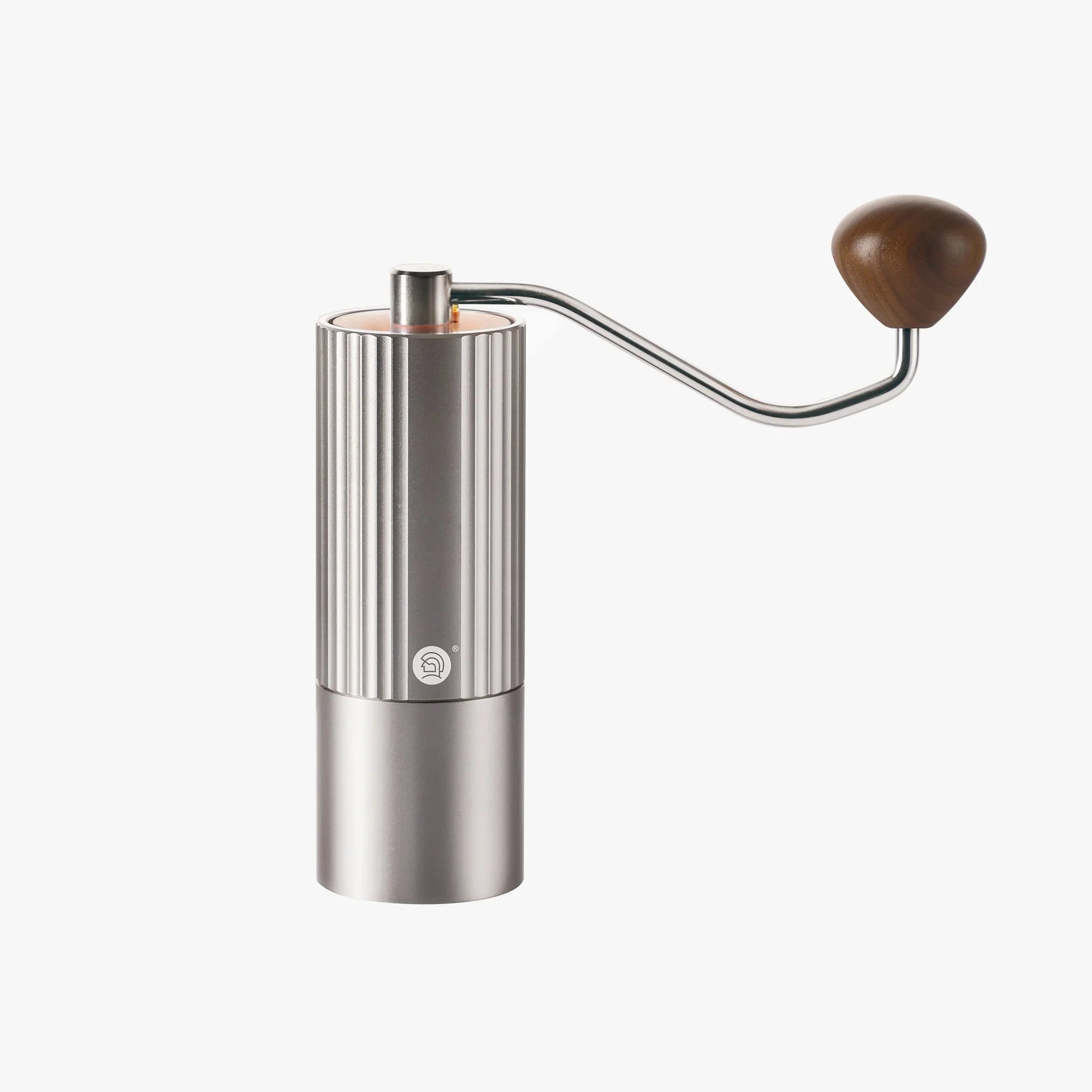 LAMOSE zeroHero Z3 Pro manual coffee grinder in silver stainless steel, with a ribbed body and smooth lower section, front view, featuring a curved handle and a dark wooden knob.