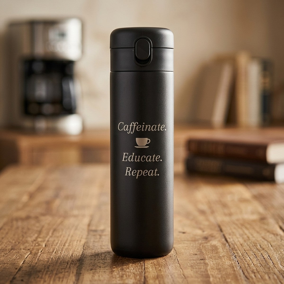 Caffeinate Educate Repeat Engraved Emerald 16Oz Tumbler Onyx — personalized teacher appreciation gift engraved in Calgary, Canada