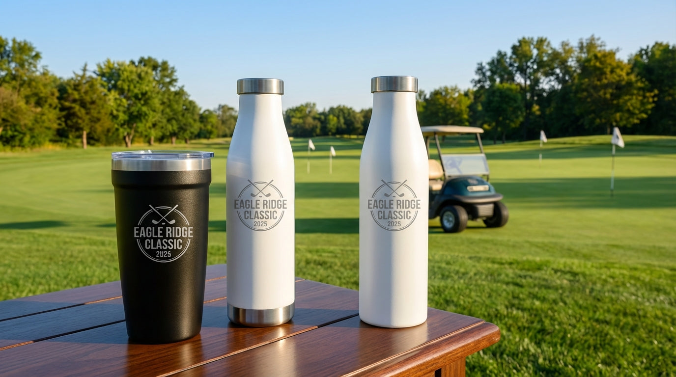 LAMOSE tumblers with golf tournament logo on course