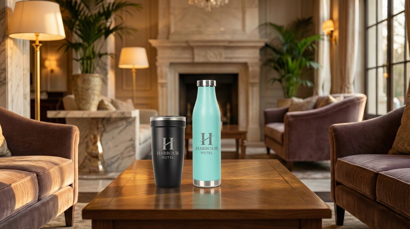 LAMOSE custom Robson bottles with hotel logo in hospitality setting