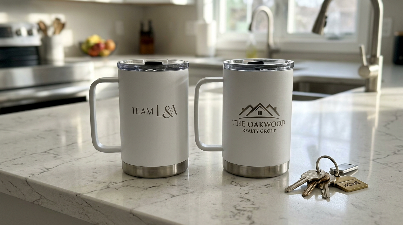 LAMOSE branded mugs for real estate closing gifts