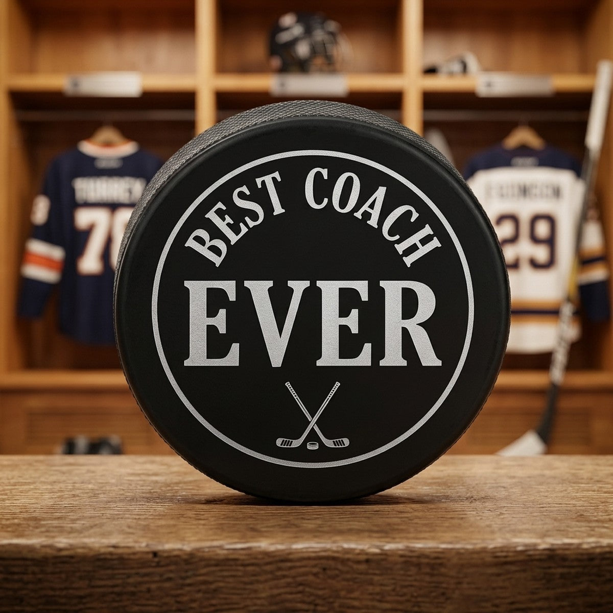"Best Coach Ever" Engraved Hockey Puck — Custom Team Gift