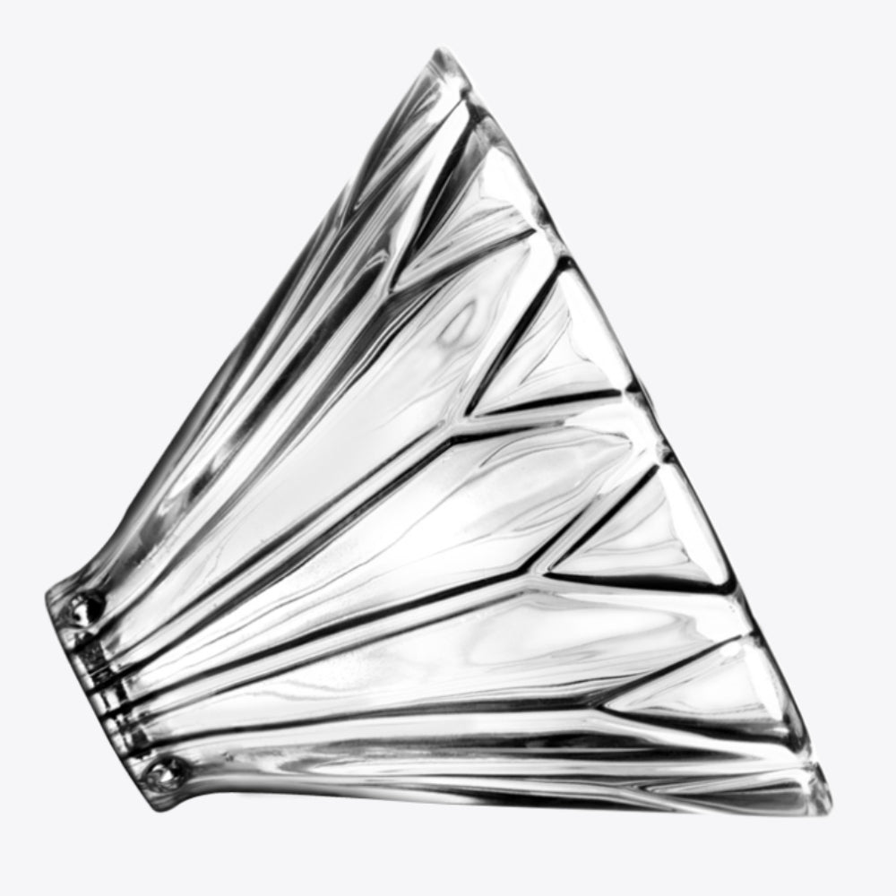 LAMOSE zeroHero Prisma Dripper, clear glass-like material with faceted geometric design, viewed from the side.