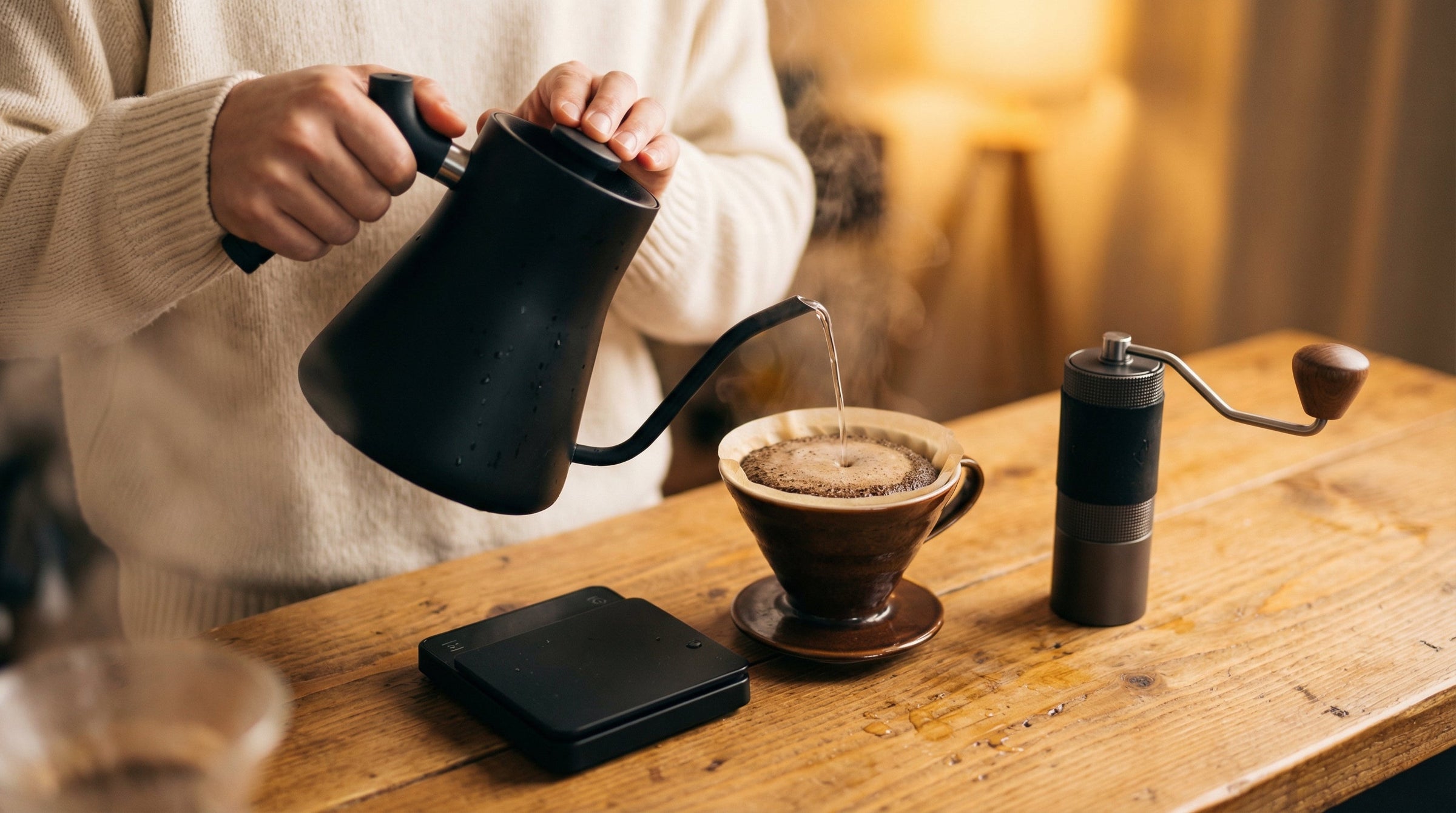 Premium coffee gear collection - hand grinder, pour-over dripper, gooseneck kettle, and digital scale in warm golden morning light