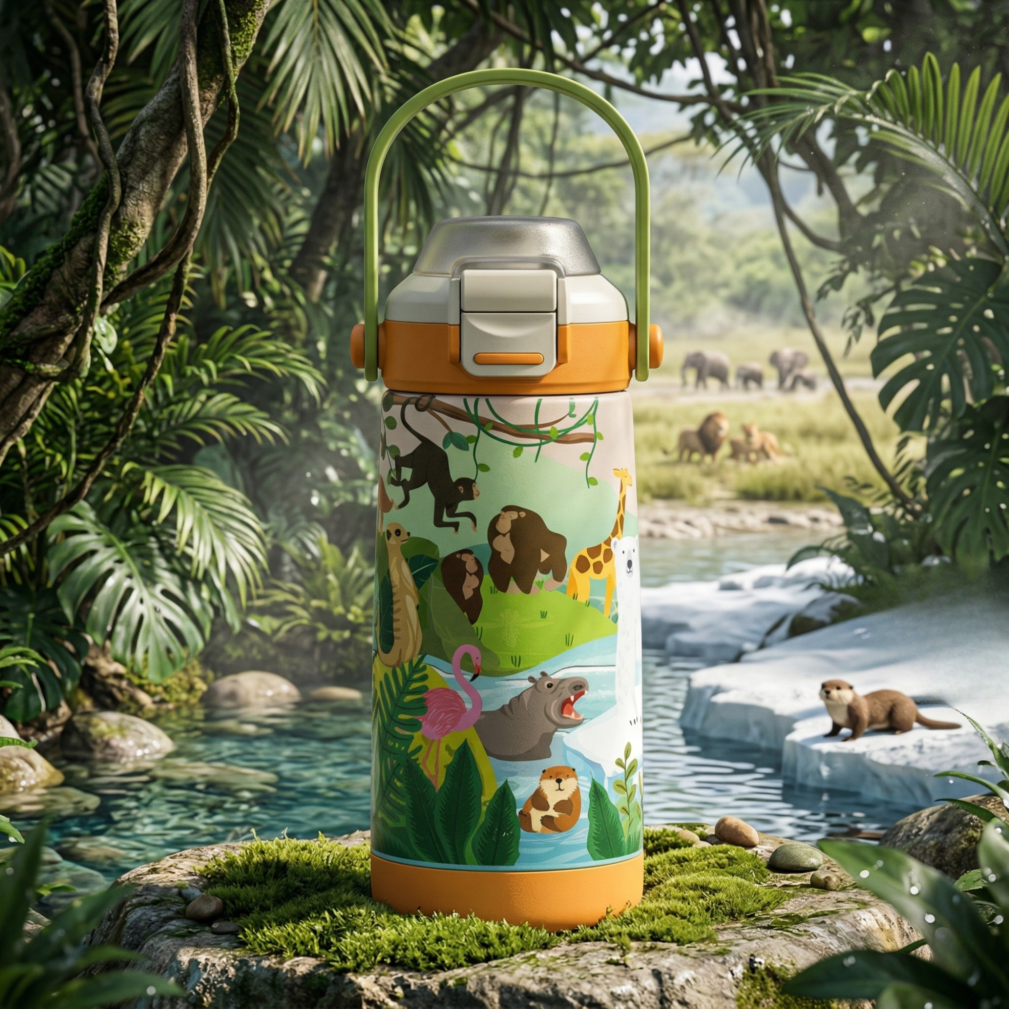 Goose 14 oz insulated kids water bottle with colorful zoo animal theme design, featuring lion, elephant, and giraffe