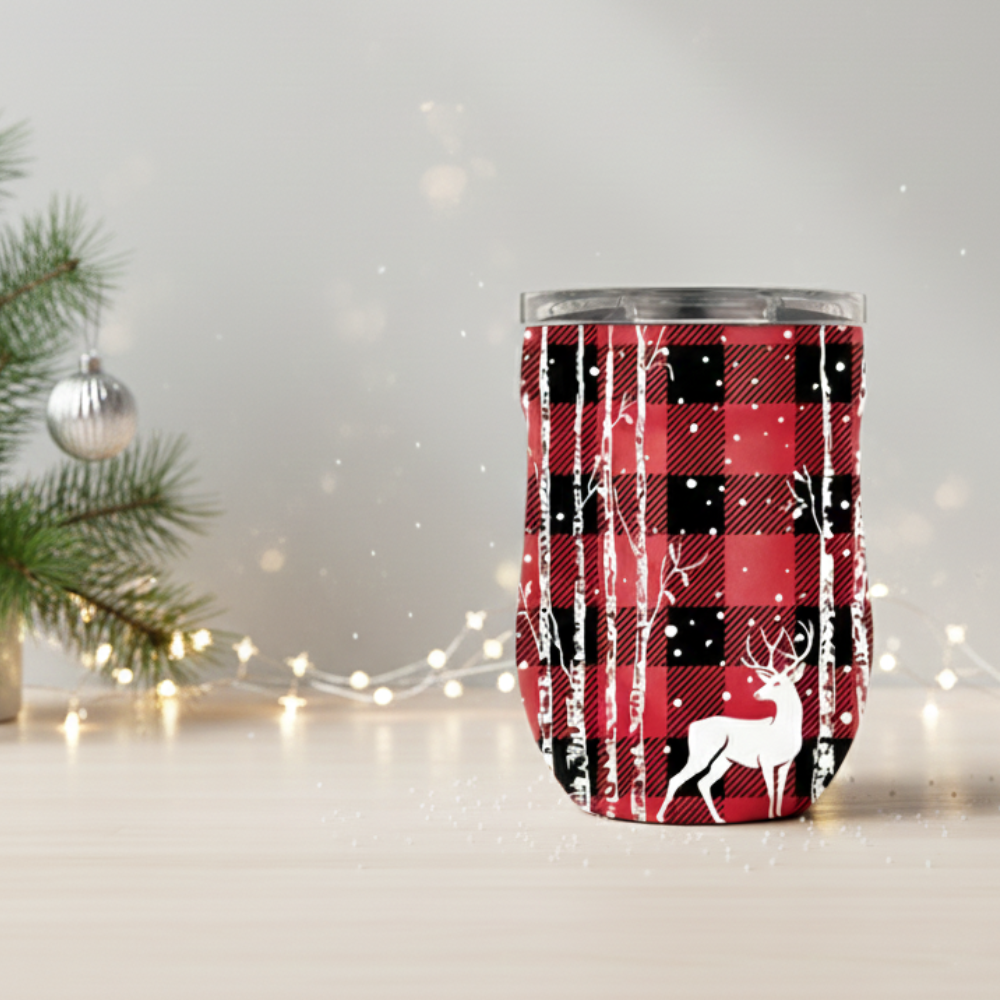 Whistler 16 oz insulated wine tumbler with rustic plaid pattern and birch deer design, stainless steel construction