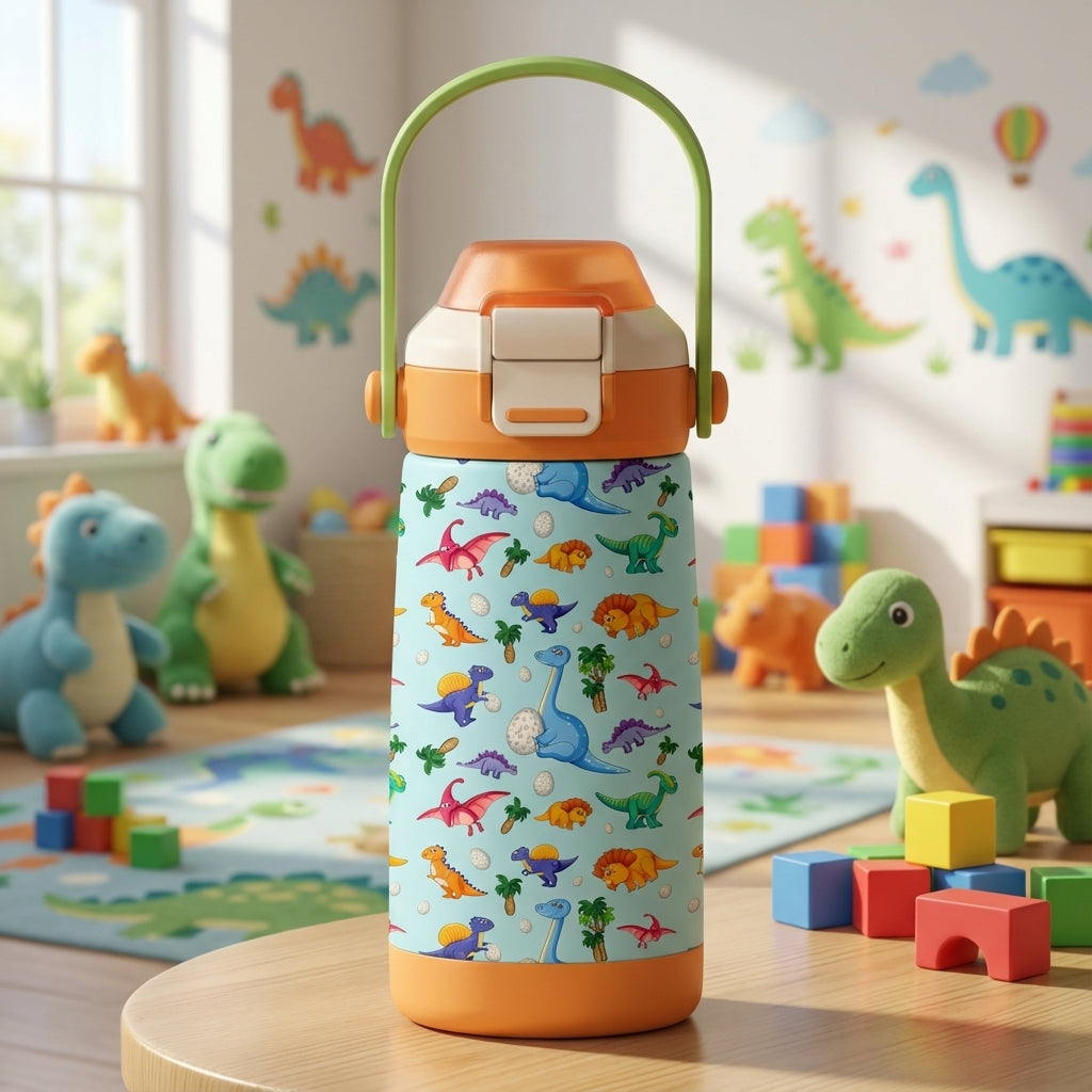 LAMOSE Goose 14 oz kids water bottle featuring colorful cartoon dinosaurs on a light blue background with orange lid and green handle