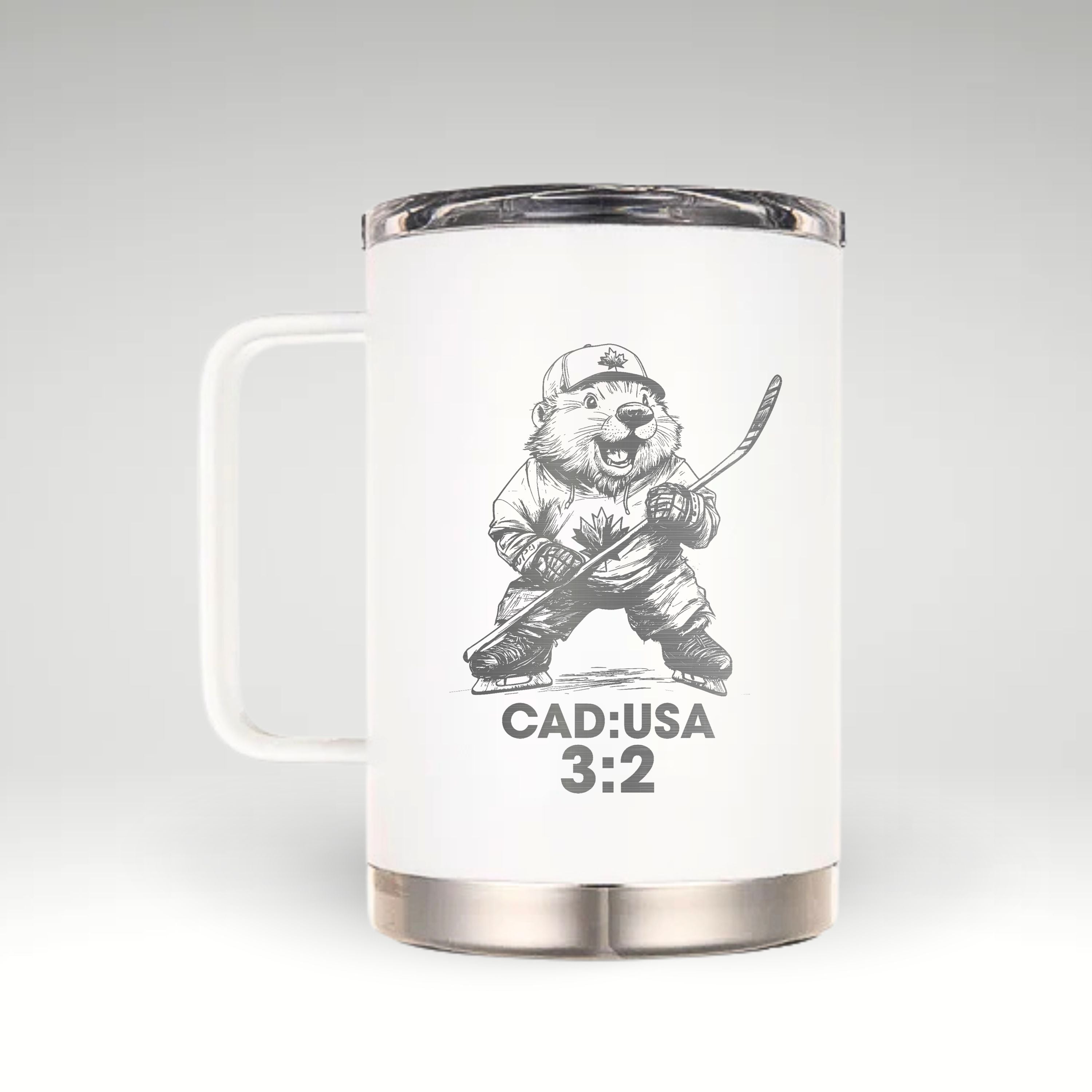 Celebrate Canada’s Overtime Win with Our Beaver Mug Cartoon beaver in Canadian hockey uniform with hockey stick and score CAD:USA 3:2 on an insulated mug. #color_snow