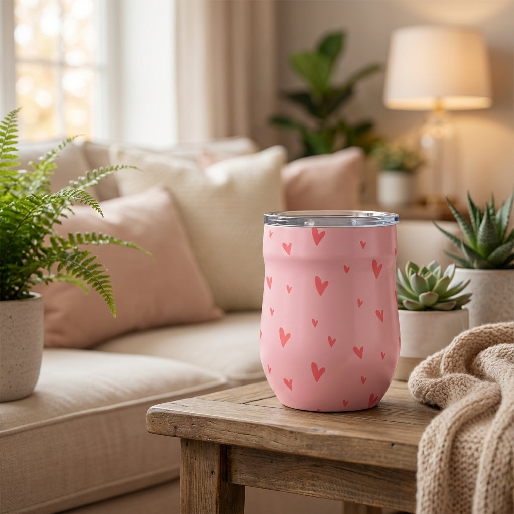 Pink 16 oz insulated wine tumbler featuring a pattern of red hearts in various sizes and a clear leakproof lid, set against a soft natural background.