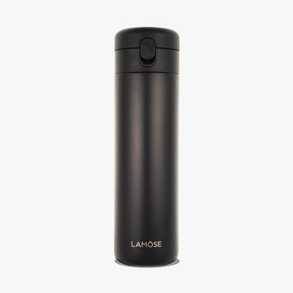 LAMOSE Emerald 16 oz onyx matte stainless steel insulated travel tumbler with push-button lid, front view.