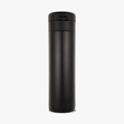 LAMOSE Onyx black matte stainless steel insulated travel tumbler with a secure flip-top lid, front view.