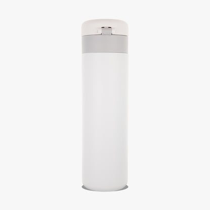 LAMOSE Snow white matte insulated water bottle, front view, with a light grey band and translucent white flip-top lid.