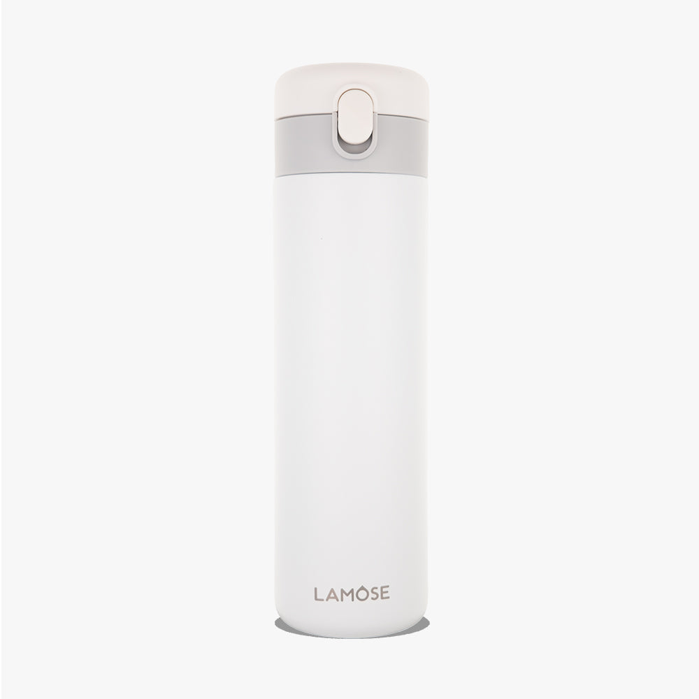 LAMOSE Emerald 16 oz insulated travel tumbler in snow white, front view, with a grey and white spill-proof lid.