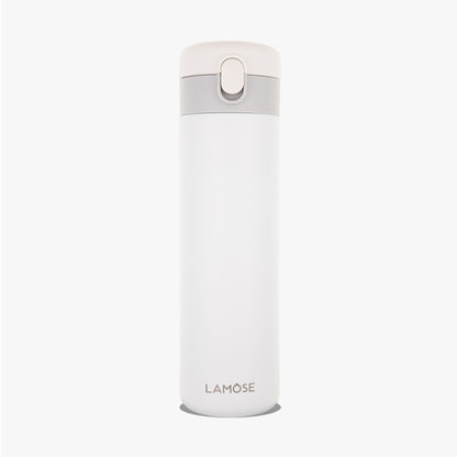 LAMOSE Emerald 16 oz insulated travel tumbler in snow white, front view, with a grey and white spill-proof lid.