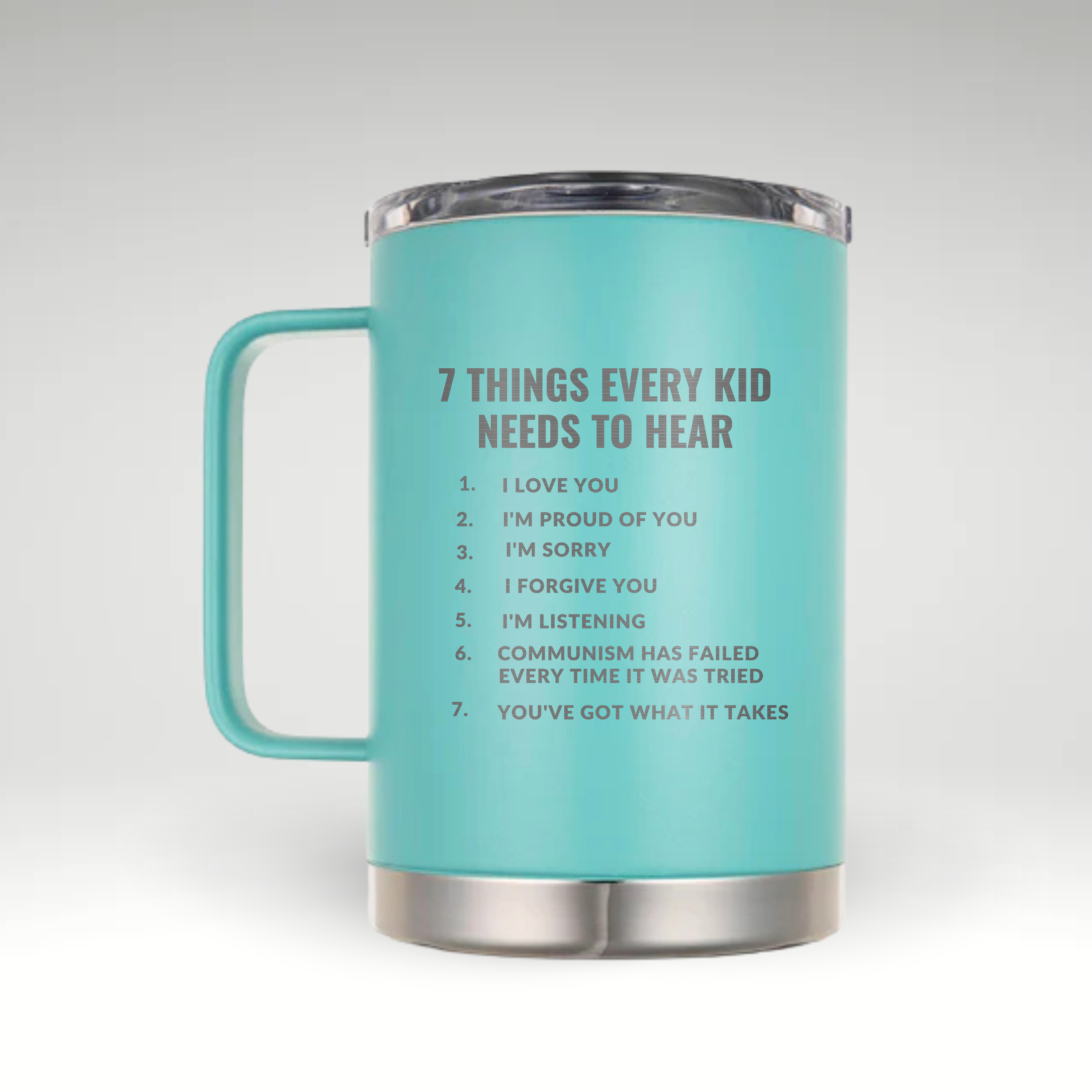 Empowering Insulated Mug for Classrooms Insulated mug showcasing 7 Things Every Kid Needs to Hear design with black text and gold accents. #color_turquoise