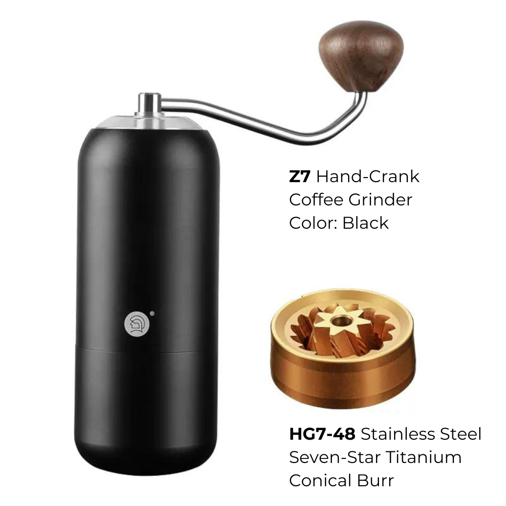 LAMOSE Z7 black hand-crank coffee grinder with wood handle, front view. Shown with its HG7-48 stainless steel titanium conical burr.