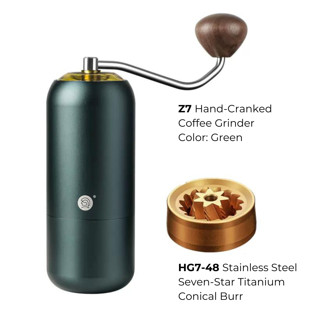 LAMOSE Z7 hand-cranked coffee grinder in dark green with wood handle and visible stainless steel titanium conical burr. Front view.