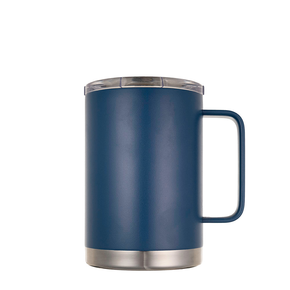 LAMOSE Classic Blue Hudson Pro Max 24 oz insulated stainless steel mug with handle, clear leak-proof slider lid, front right view.