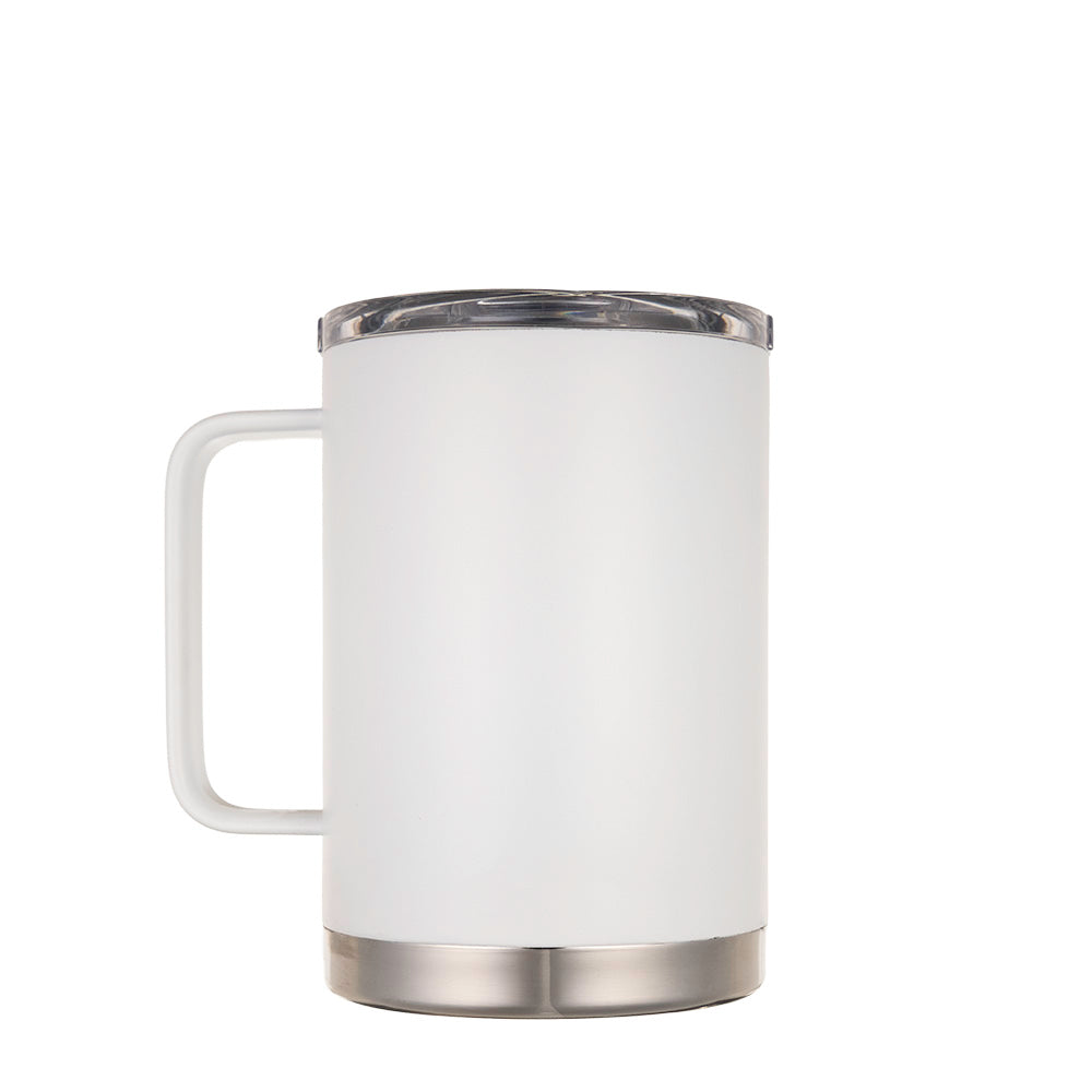 LAMOSE Hudson Pro Max 24 oz white insulated stainless steel mug with handle, clear lid, and silver base, front view.