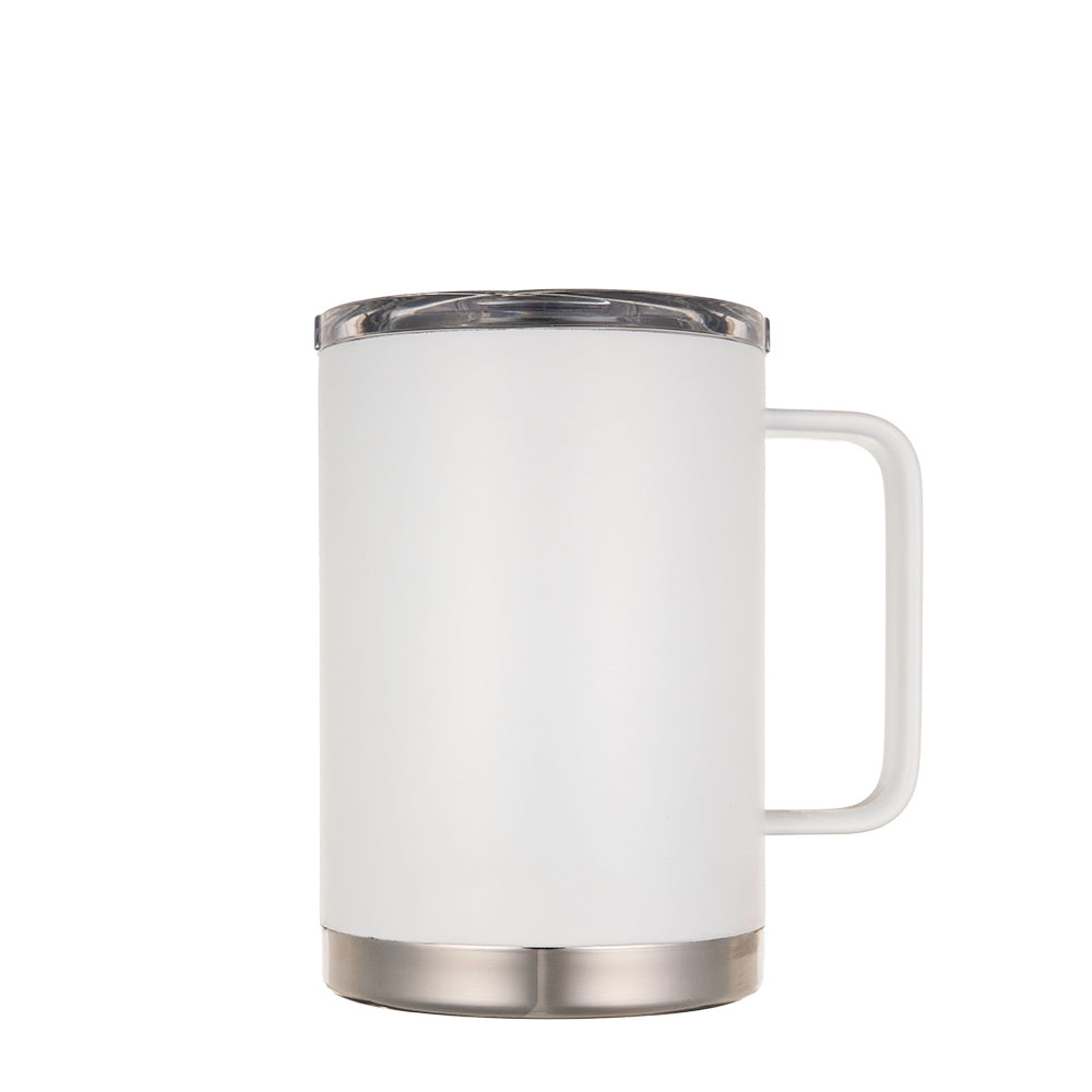 LAMOSE Hudson Pro Max 24 oz insulated mug in snow white. Features a handle, clear leak-proof slider lid, and polished steel base. Right view.