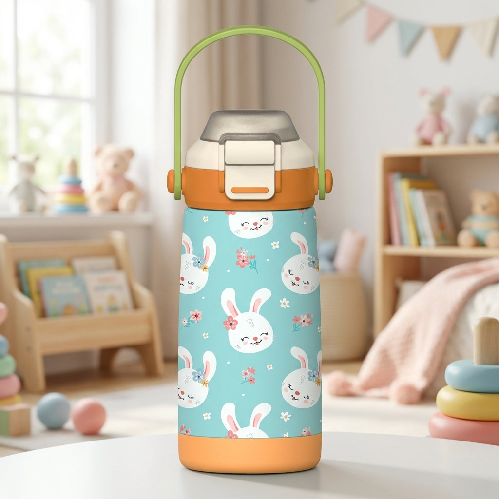 LAMOSE Goose 14 oz kids water bottle featuring a light blue body with white cartoon bunny faces, orange accents, and a green handle.