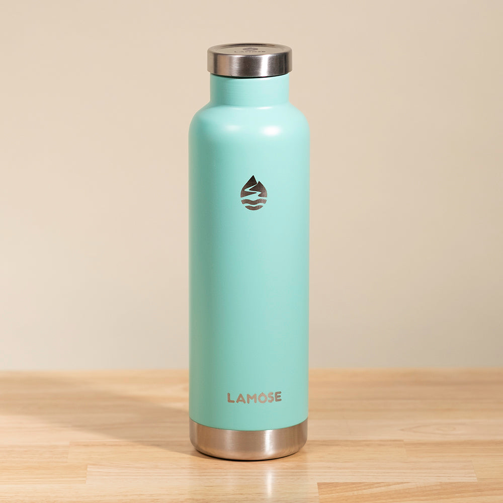 LAMOSE Moraine 27oz insulated stainless steel bottle, turquoise matte finish, front view with drop logo and metallic lid.