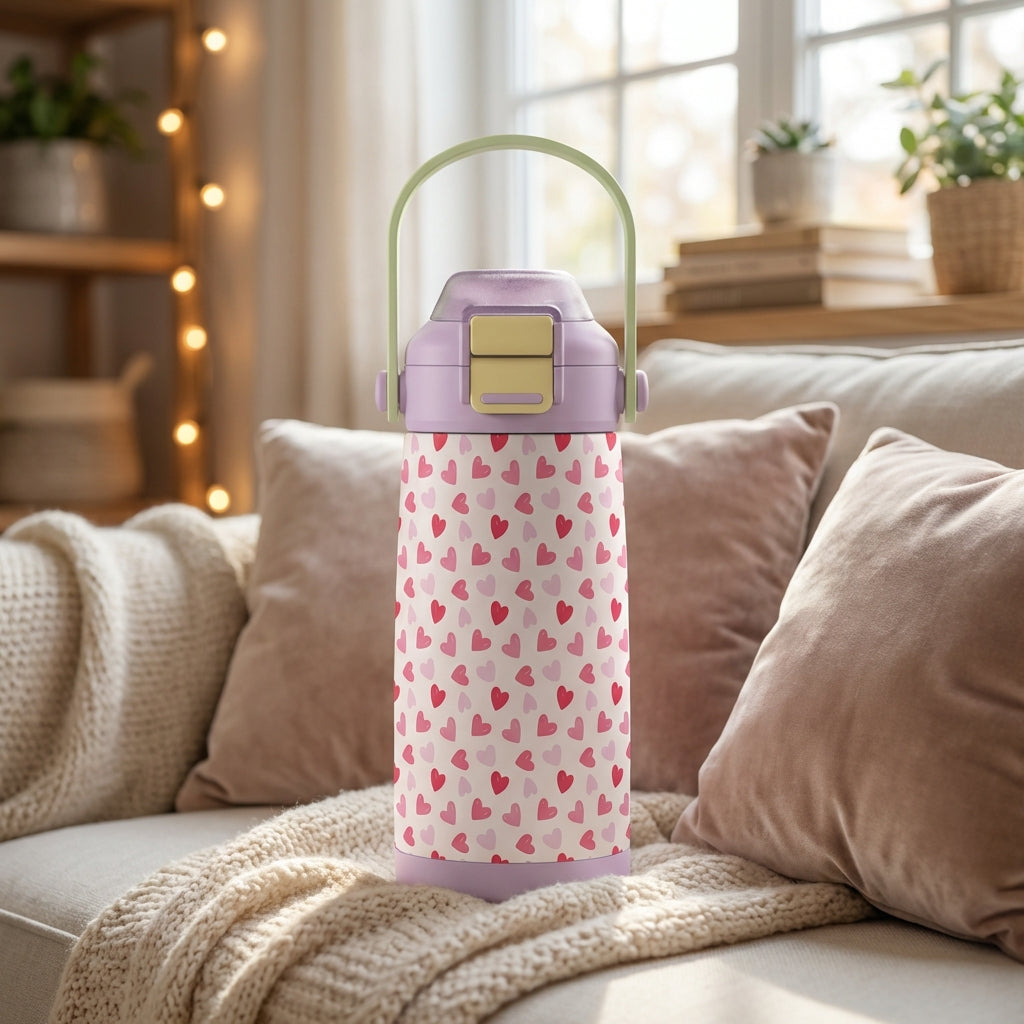 Stainless steel kids water bottle with pink heart pattern and purple lid resting on a cozy sofa