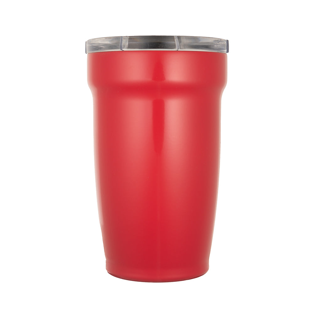 LAMOSE Peyto Pro Enamel 12 oz ruby red stainless steel tumbler with a clear lid, upright front view.
#color_ruby-red