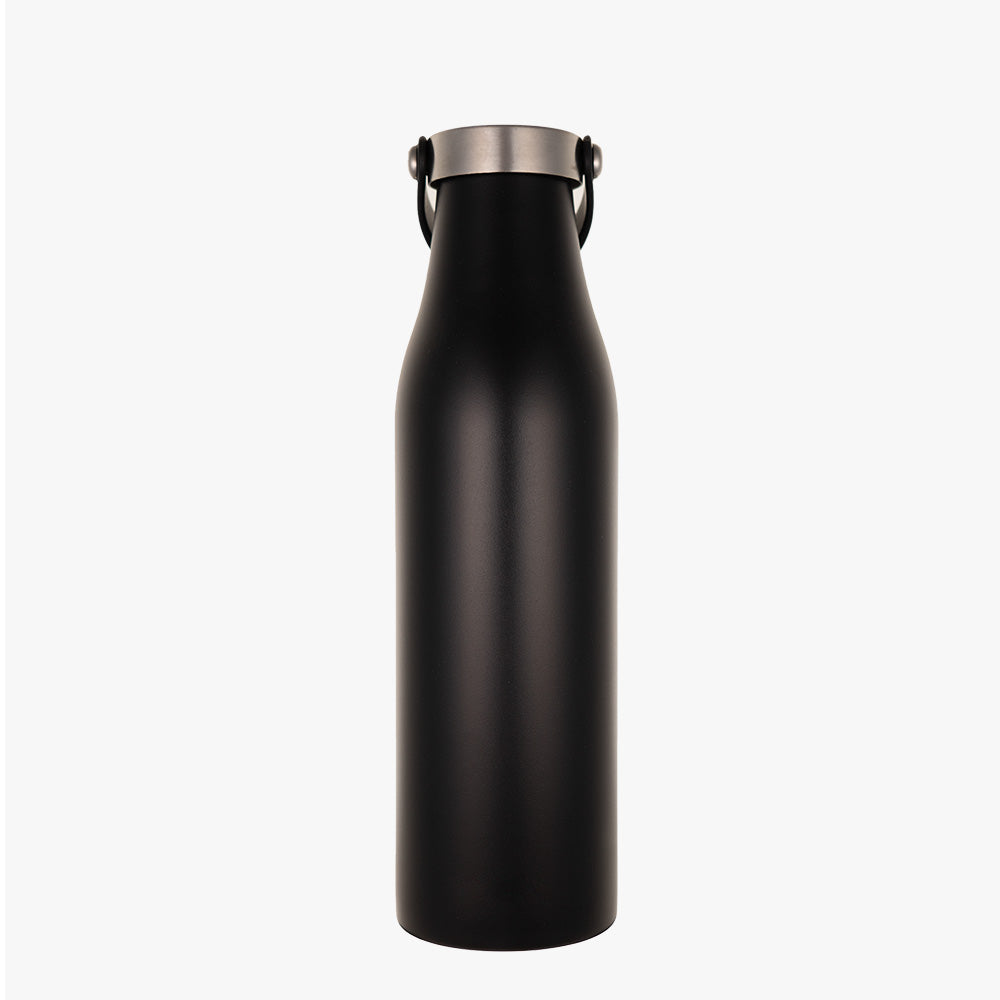 LAMOSE Robson 21 oz insulated stainless steel water bottle in black onyx, front view, with brushed silver lid and black carry handle.