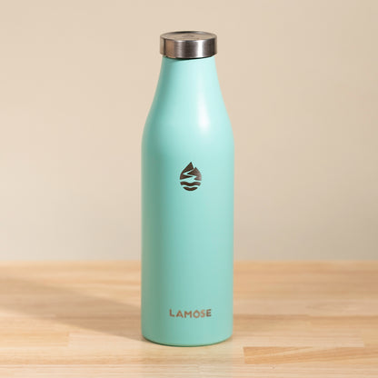 LAMOSE Robson 28oz insulated bottle, turquoise, front view. Stainless steel with powder coat finish & logo.