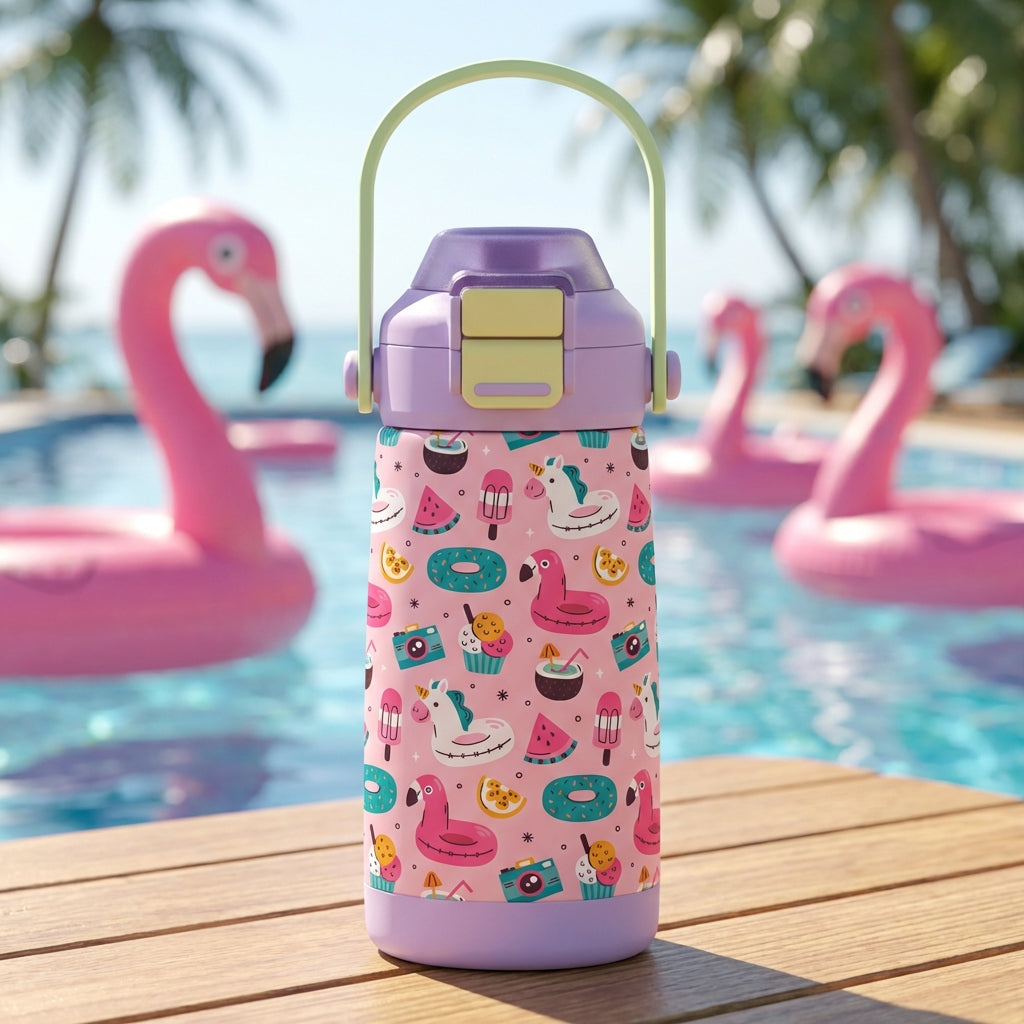 LAMOSE Goose 14oz kids water bottle featuring a pink body with flamingo floats, watermelon, and unicorn pattern, light purple lid and green handle, sitting poolside.