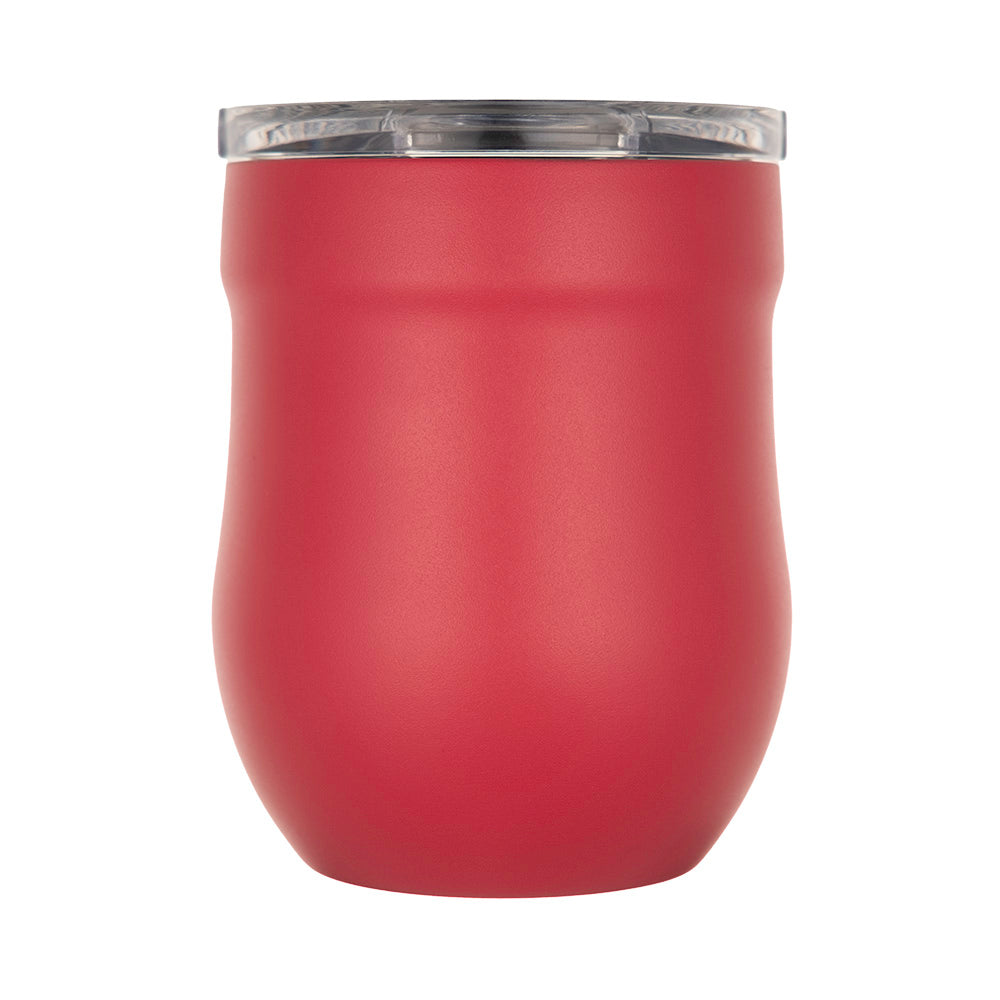 LAMOSE Whistler 16oz stemless wine tumbler in Viva Magenta, matte finish, with clear lid, front view.