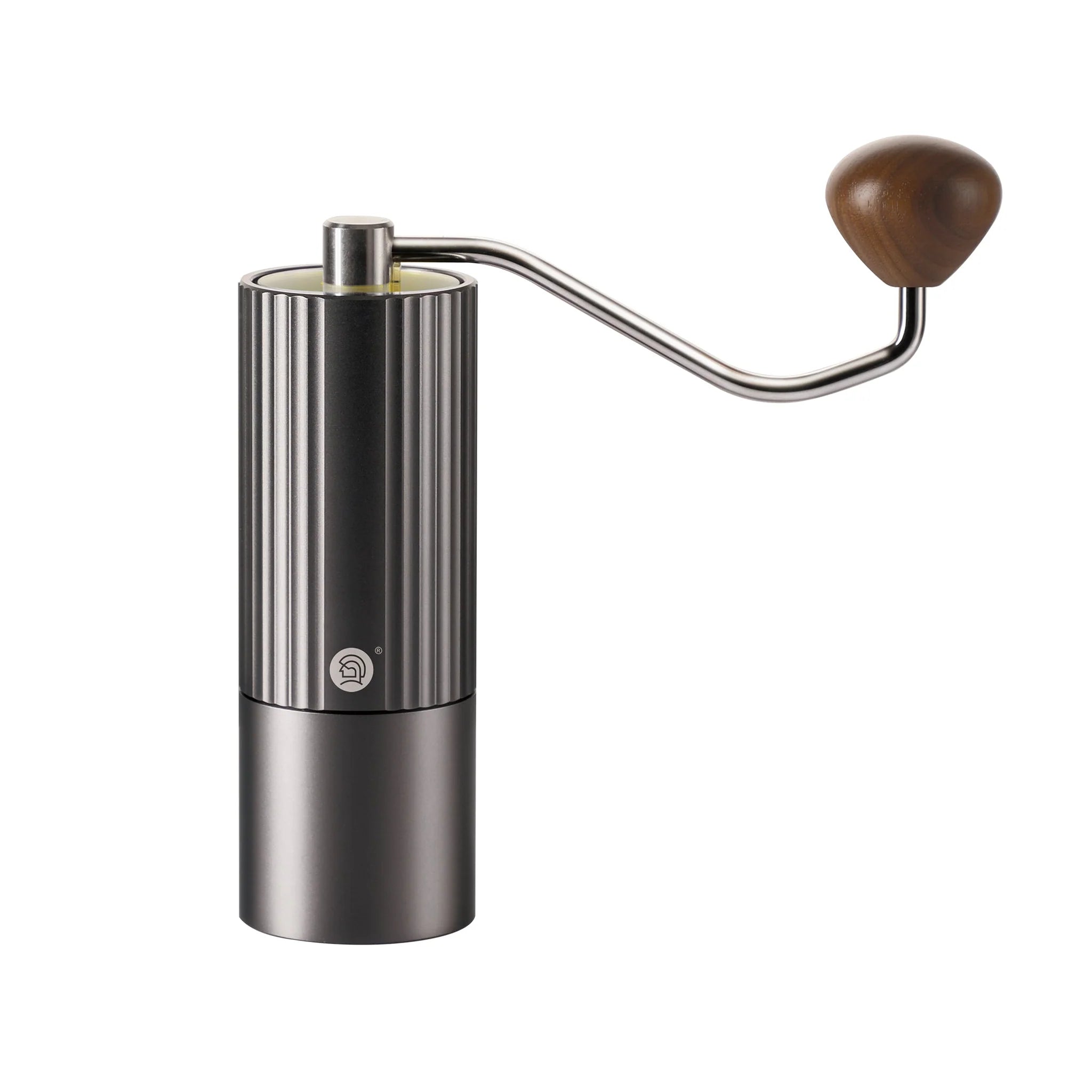LAMOSE zeroHero Z3 Pro manual coffee grinder, dark grey stainless steel with ribbed body, wooden handle.