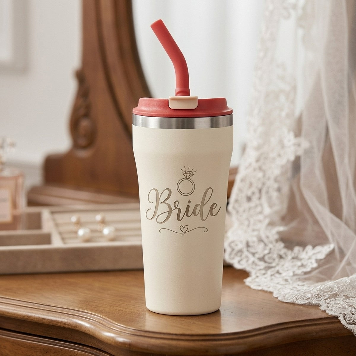 "Bride" Script Engraved Bow 16oz Straw Tumbler — Snow