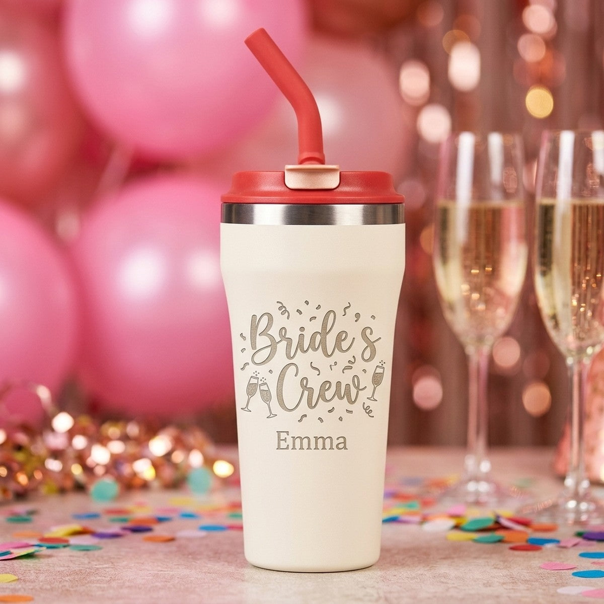 "Bride’s Crew" Bachelorette Engraved Bow 16oz Straw Tumbler — Snow