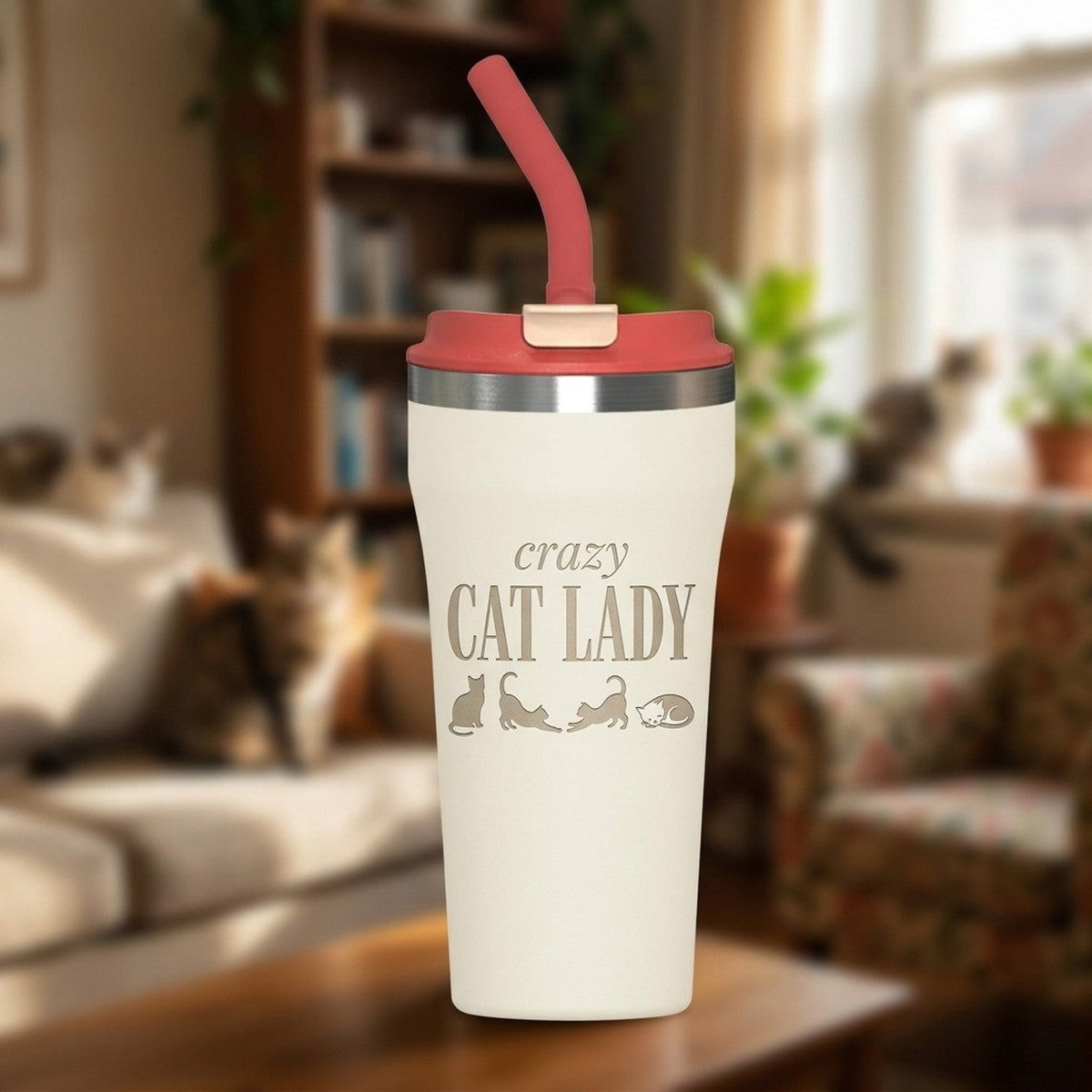 "Crazy Cat Lady" Engraved Bow 16oz Straw Tumbler — Snow