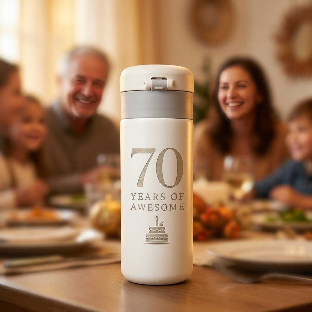 "70 Years of Awesome" Engraved Emerald 12oz Travel Mug — Snow
