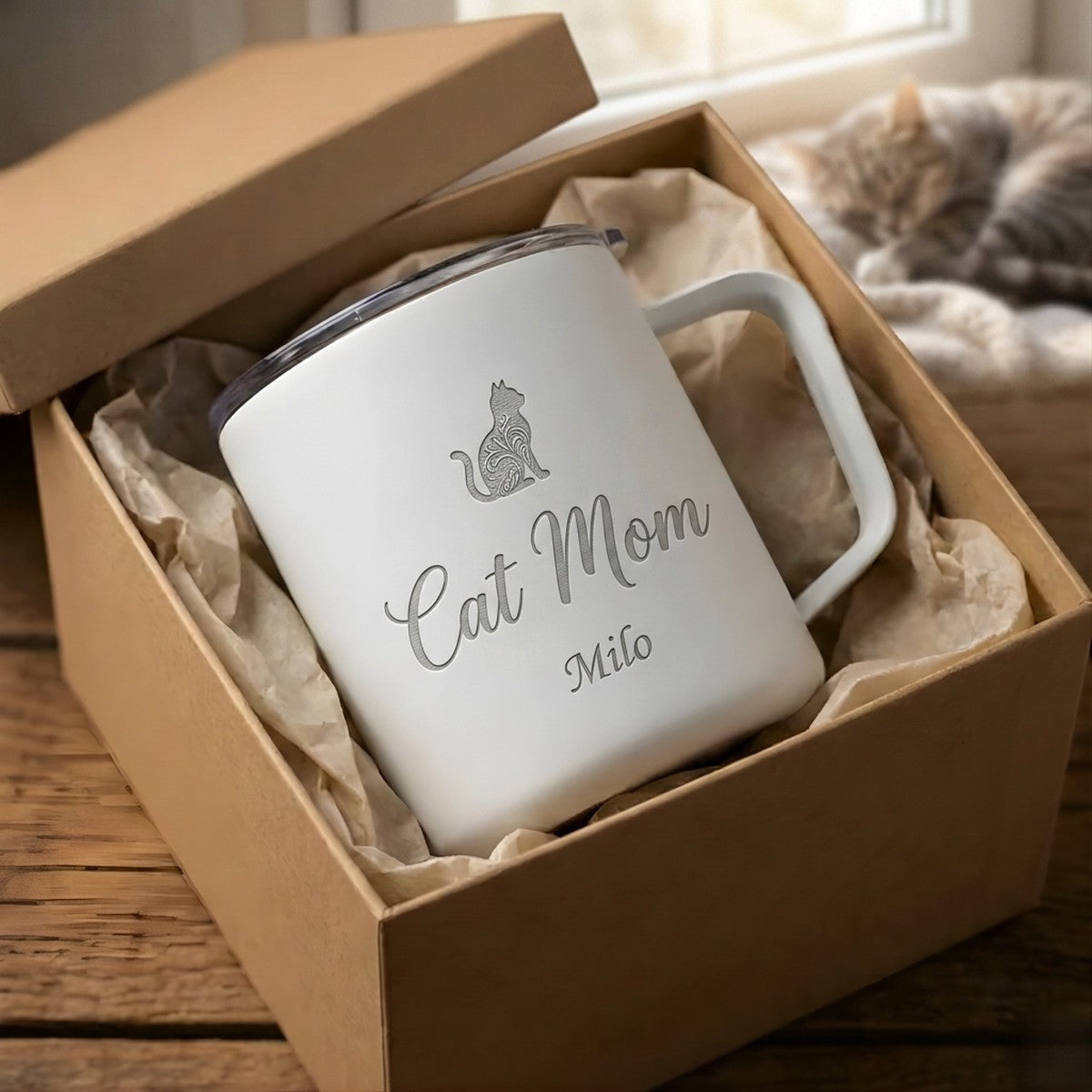 "Cat Mom" Debossed Hudson Ceramic 12oz Mug — Snow