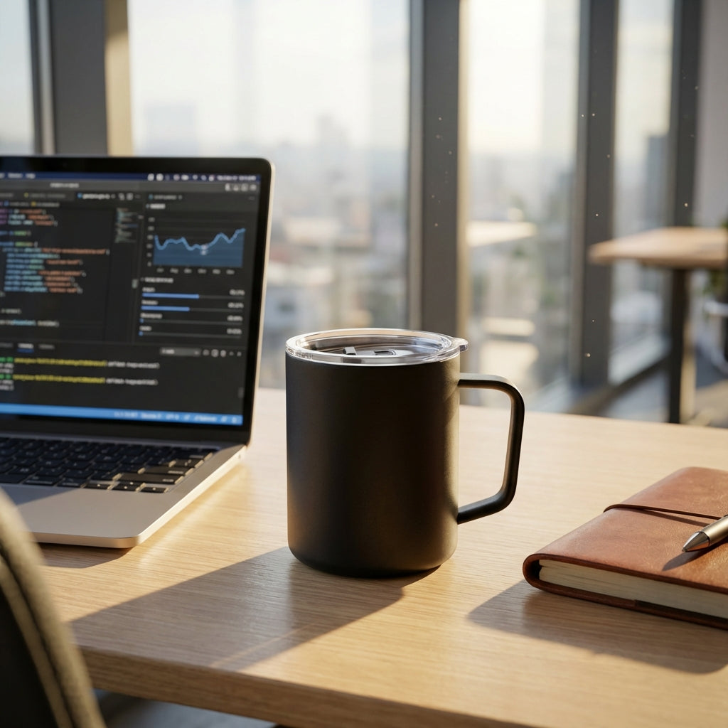 LAMOSE Hudson Ceramic mug on office desk with laptop and morning coffee
#color_onyx